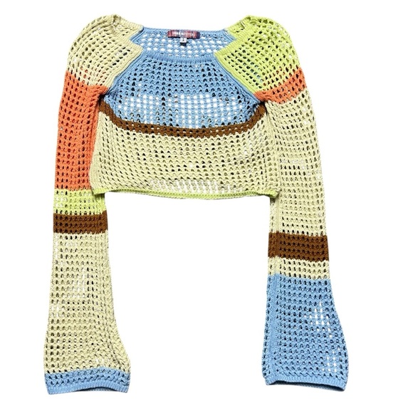 NWOT Urban Outfitters Y2K Crochet Color Block Bell Sleeve Crop Top Festival - Picture 2 of 6